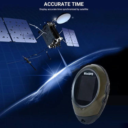 Compact GPS Locator and Compass for Outdoor Navigation and Climbing showing satellite link, accurate time sync, and handheld MiniGPS unit