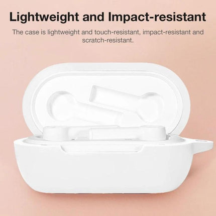 Silicone Case with Hook for Earbuds in Daily Activities showing lightweight impact-resistant white silicone earbud case with hook attached