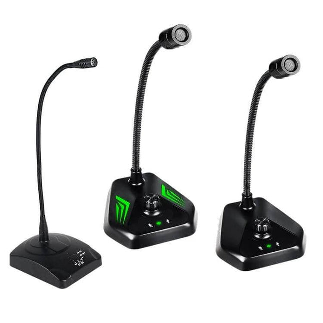 Gooseneck Condenser Microphone for Desktop Computers with USB Interface – adjustable 360-degree gooseneck on black desktop USB base for clear voice