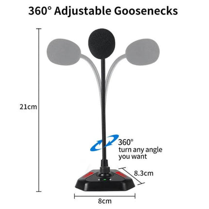Gooseneck Condenser Microphone for Desktop Computers with USB Interface showing 360° adjustable gooseneck and compact base