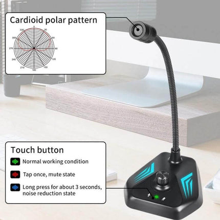 Gooseneck Condenser Microphone for Desktop Computers with USB Interface on desk with touch button and cardioid polar pattern
