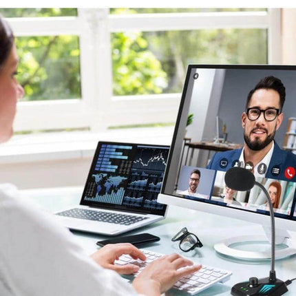 Gooseneck Condenser Microphone for Desktop Computers with USB Interface positioned beside monitor for clear virtual meeting audio