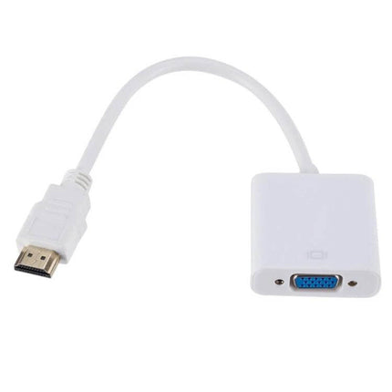 HD 1080P HDMI to VGA Converter for Monitors and Projectors white adapter cable showing HDMI male to VGA female