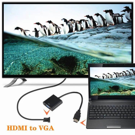 HD 1080P HDMI to VGA Converter for Monitors and Projectors showing laptop connected to TV/projector for presentations and gaming