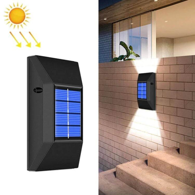 Outdoor Decorative Waterproof Solar Wall Light 6 LEDs Warm Light mounted on brick wall illuminating stairs, ABS housing with solar panel