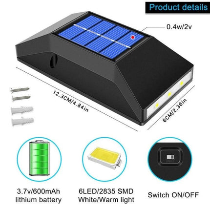 Outdoor Decorative Waterproof Solar Wall Light 6 LEDs Warm Light - black ABS solar-powered wall light with 6 warm LEDs for stairs, fences, decks, 12.3cm x 6cm