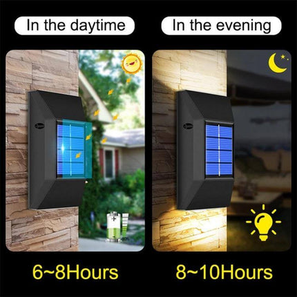 Outdoor Decorative Waterproof Solar Wall Light 6 LEDs Warm Light mounted on exterior wall showing daytime charging and evening warm illumination (6–8h charge, 8–10h light)