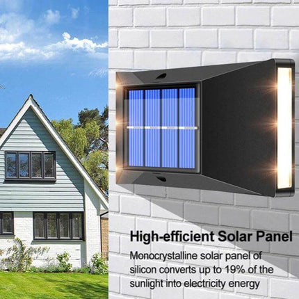 Outdoor Decorative Waterproof Solar Wall Light 6 LEDs Warm Light mounted on exterior brick wall highlighting solar panel and warm LED glow