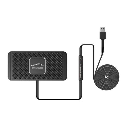 C1 15W Car Wireless Charger With Anti-Skid Mat And Cable showing black silica gel anti-skid pad and USB cable for in-car Qi charging