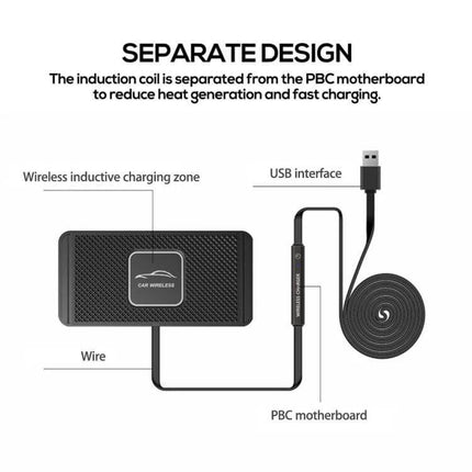 C1 15W Car Wireless Charger With Anti-Skid Mat And Cable shown with separated coil, PBC motherboard, USB interface and anti-skid silica gel mat