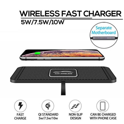 C1 15W Car Wireless Charger With Anti-Skid Mat And Cable - black non-slip Qi charging pad for dashboard, 5W/7.5W/10W fast charge