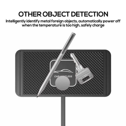 C1 15W Car Wireless Charger With Anti-Skid Mat And Cable showing anti-skid silica gel mat with pen and key demonstrating metal foreign object detection