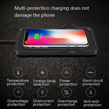 C7 Car Navigation Pad 2 In 1 Wireless Charger For Phone shown on dashboard charging a smartphone with silicone cradle and multi-protection icons