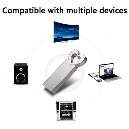 Zshqu2 Heart-Shaped Metal USB Flash Drive for Everyday Storage stainless steel heart USB shown with TV laptop speaker and car stereo, compatible devices