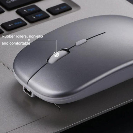 Wireless Mouse for Smooth Computer and Laptop Navigation — sleek gray ergonomic mouse with rubber scroll rollers on laptop for wired or wireless use