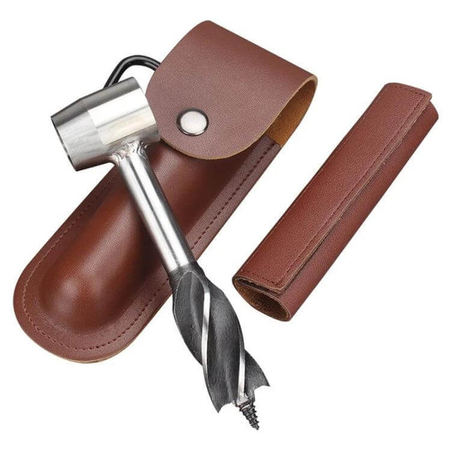 Outdoor Survival Punch Drill Bit Tool Set, Stainless Steel compact hammer and tungsten drill tip with leather pouch for camping and leatherwork