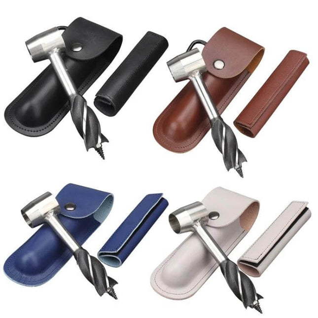 Outdoor Survival Punch Drill Bit Tool Set, Stainless Steel compact hammer and drill bit with leather pouch in multiple colors for outdoor use