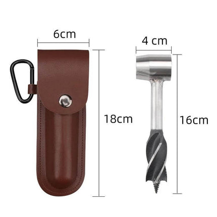 Outdoor Survival Punch Drill Bit Tool Set, Stainless Steel compact 16x4cm hammer drill and leather pouch with carabiner for camping