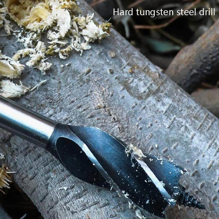 Outdoor Survival Punch Drill Bit Tool Set, Stainless Steel - tungsten tip drill on wood showing clean punching and drilling for leather and soft woods