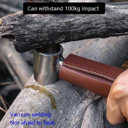 Outdoor Survival Punch Drill Bit Tool Set, Stainless Steel hammering test showing stainless handle and tungsten tip resisting 100kg impact, compact 16x4cm survival tool