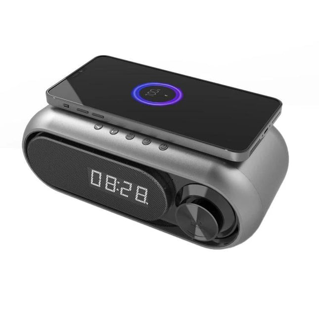 Compact Bluetooth Speaker With LED Clock And USB Charger on desk with phone charging, FM, AUX, T‑card playback, bedside use