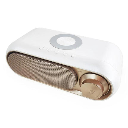 Compact Bluetooth Speaker With LED Clock And USB Charger on desk showing white gold speaker and controls