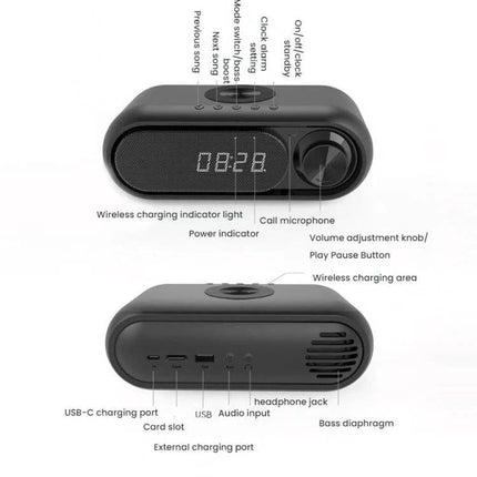 Compact Bluetooth Speaker With LED Clock And USB Charger on desk showing LED clock, volume knob, wireless charging and ports