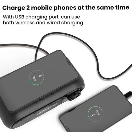 Compact Bluetooth Speaker With LED Clock And USB Charger showing two phones charging via USB and wireless on desk