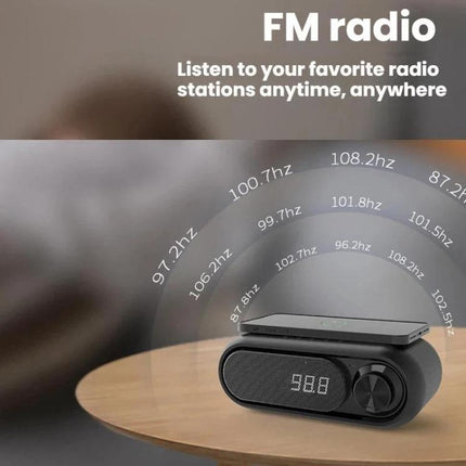 Compact Bluetooth Speaker With LED Clock And USB Charger on desk showing FM radio frequencies and digital LED time