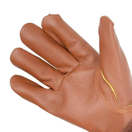Floral Garden Cut-Resistant Leather Gloves, Sizes S to XL in brown leather showing palm and reinforced thumb for gardening and light metalwork