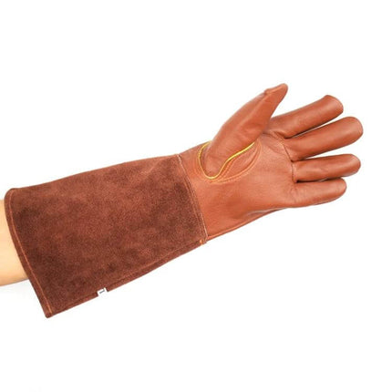 Floral Garden Cut-Resistant Leather Gloves, Sizes S to XL brown leather gardening glove with extended cuff for welding and pruning