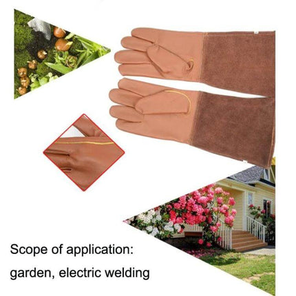Floral Garden Cut-Resistant Leather Gloves, Sizes S to XL shown brown leather gauntlet style for gardening and light welding protection