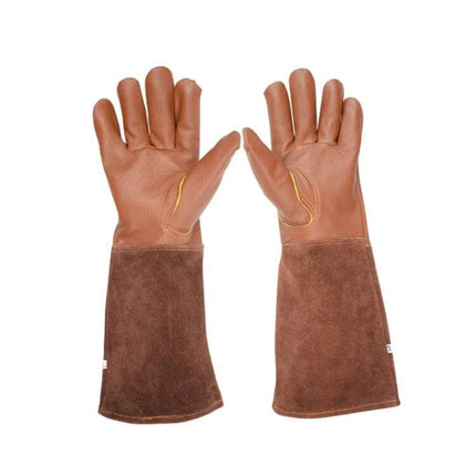 Floral Garden Cut-Resistant Leather Gloves, Sizes S to XL - Floral leather gardening gloves with long suede cuffs for cut and stab protection