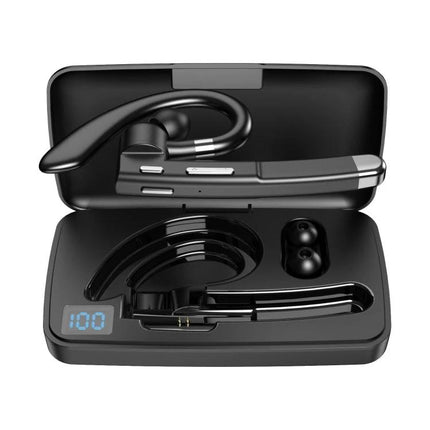 Earhook Bluetooth Headphones With Charging Case For Commute, black earhook headset in charging case with digital battery display