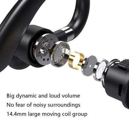 Earhook Bluetooth Headphones With Charging Case For Commute showing exploded view of 14.4mm driver and ENC dual microphones
