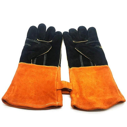 Outdoor Garden Cut-Proof Genuine Leather Welding Gloves shown flat with black palms and orange gauntlets for welding, barbecue and gardening protection