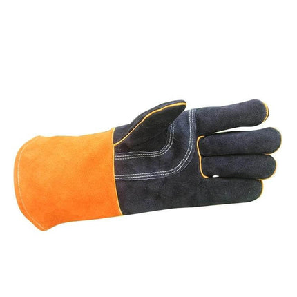 Outdoor Garden Cut-Proof Genuine Leather Welding Gloves showing black suede palm and orange cuff for welding, barbecue, and gardening protection