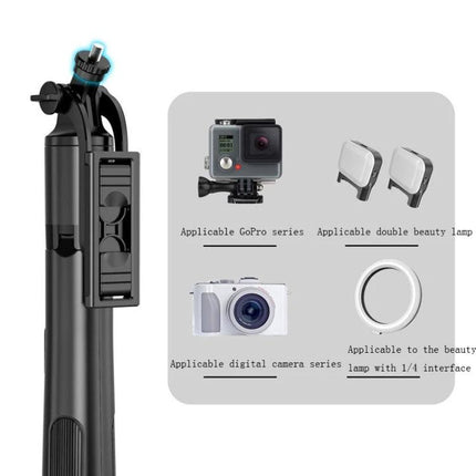 Extendable Selfie Stick for Travel and Daily Moments showing tripod mount with GoPro, digital camera and ring light compatibility