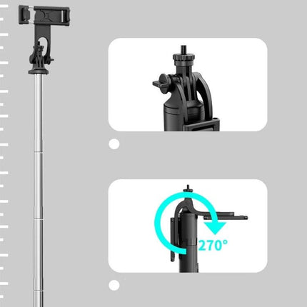 Extendable Selfie Stick for Travel and Daily Moments showing extendable pole, phone mount and 270° rotating tripod head