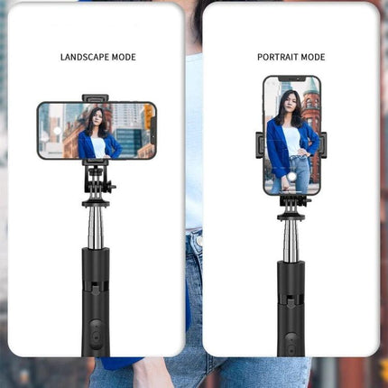 Extendable Selfie Stick for Travel and Daily Moments showing landscape and portrait modes with built-in tripod and phone mount