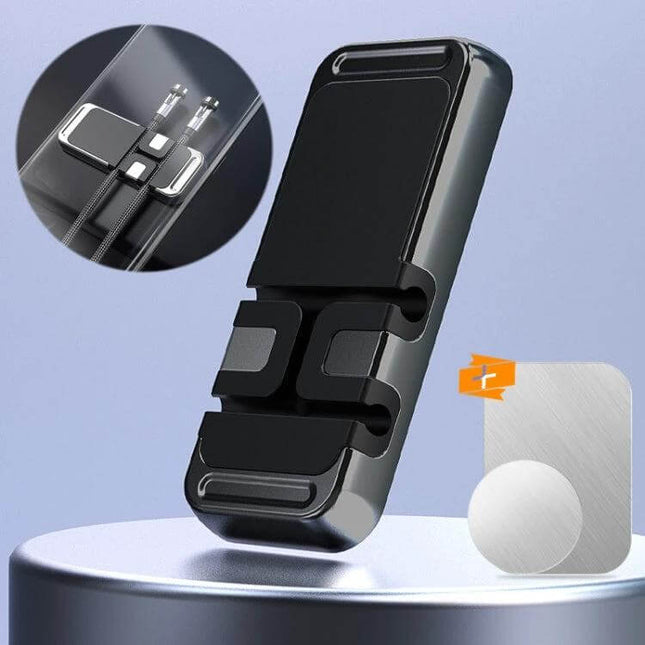 S15 Magnetic Aluminum Alloy Bracket Car Cable Storage Holder mounted on dashboard holding charging cables with silicone pads and magnetic aluminum body