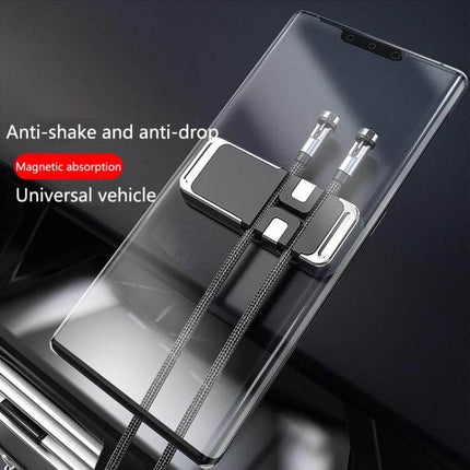 S15 Magnetic Aluminum Alloy Bracket Car Cable Storage Holder mounted on dashboard holding two charging cables and protecting phone with silicone pad