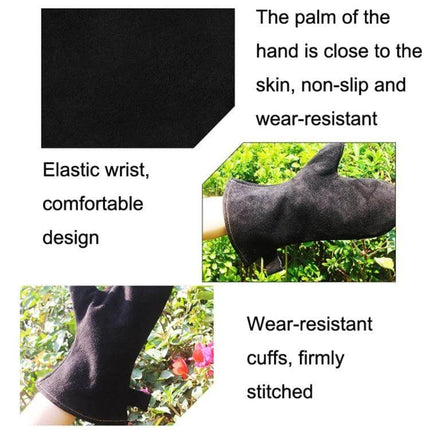Outdoor BBQ Leather Heat-Insulating Gloves For Grilling showing durable second-layer cowhide palm, elastic wrist and wear-resistant stitched cuffs