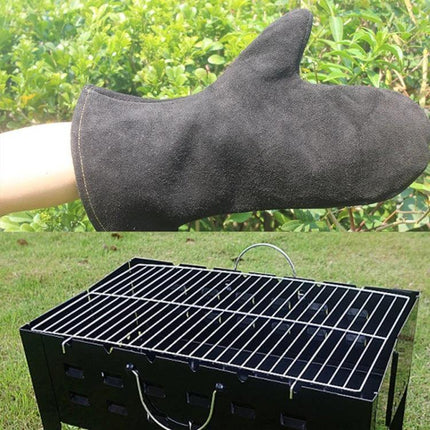 Outdoor BBQ Leather Heat-Insulating Gloves For Grilling black suede heat-resistant mitt shown over grill