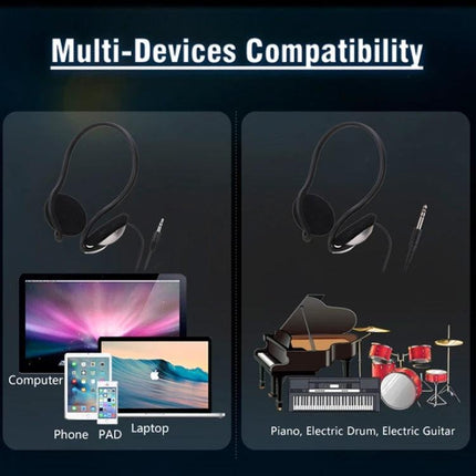 Soyto Wired Headset for Everyday Student Music Practice - wired over-ear headset shown with laptop, phone, tablet and musical instruments for study and practice