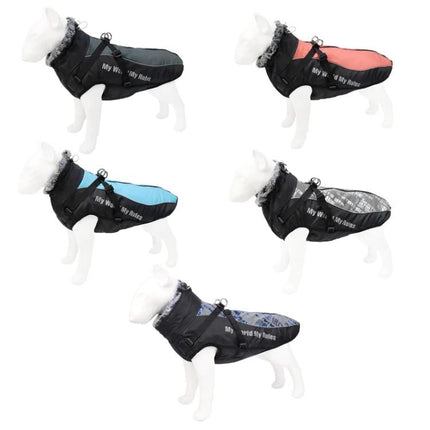 Comfortable Dog Coat for Large Breeds' Winter Walks shown in five color options on mannequin dogs — water-resistant, easy-adjust harness and leash attachment