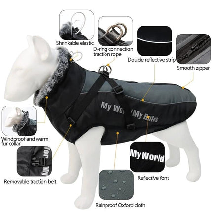 Comfortable Dog Coat for Large Breeds' Winter Walks - large dog winter coat with fur collar, reflective strips, D-ring leash attachment, rainproof Oxford cloth
