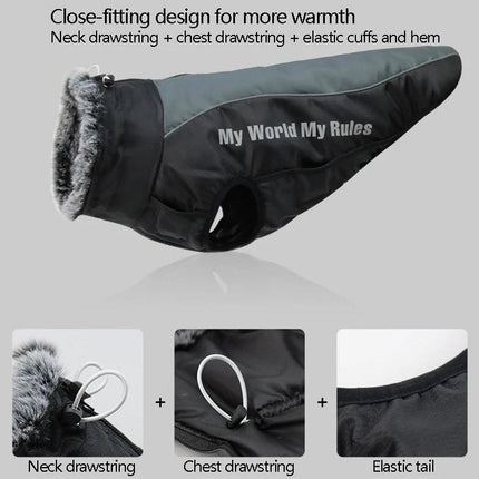 Comfortable Dog Coat for Large Breeds' Winter Walks - close-fitting black winter coat with faux-fur neck, neck and chest drawstrings, elastic cuffs