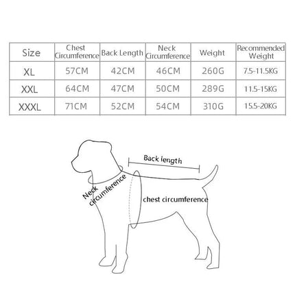 Comfortable Dog Coat for Large Breeds' Winter Walks size chart showing XL XXL XXXL measurements and diagram
