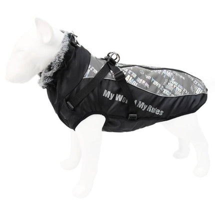 Comfortable Dog Coat for Large Breeds' Winter Walks black insulated coat on large dog mannequin with leash attachment